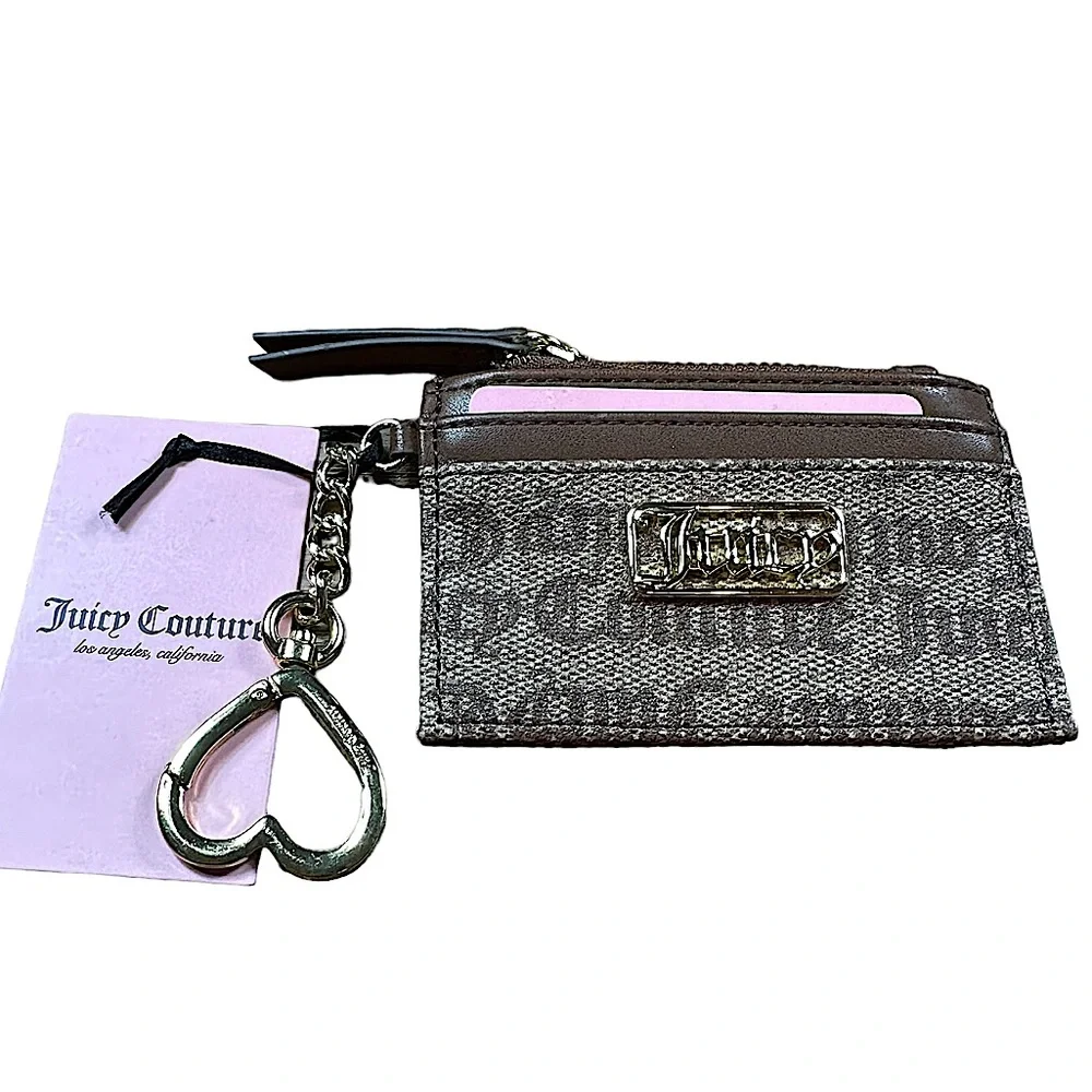 JUICY COUTURE : NWT Brown  Leather Wallet Card Holder Keychain with Gold Logo